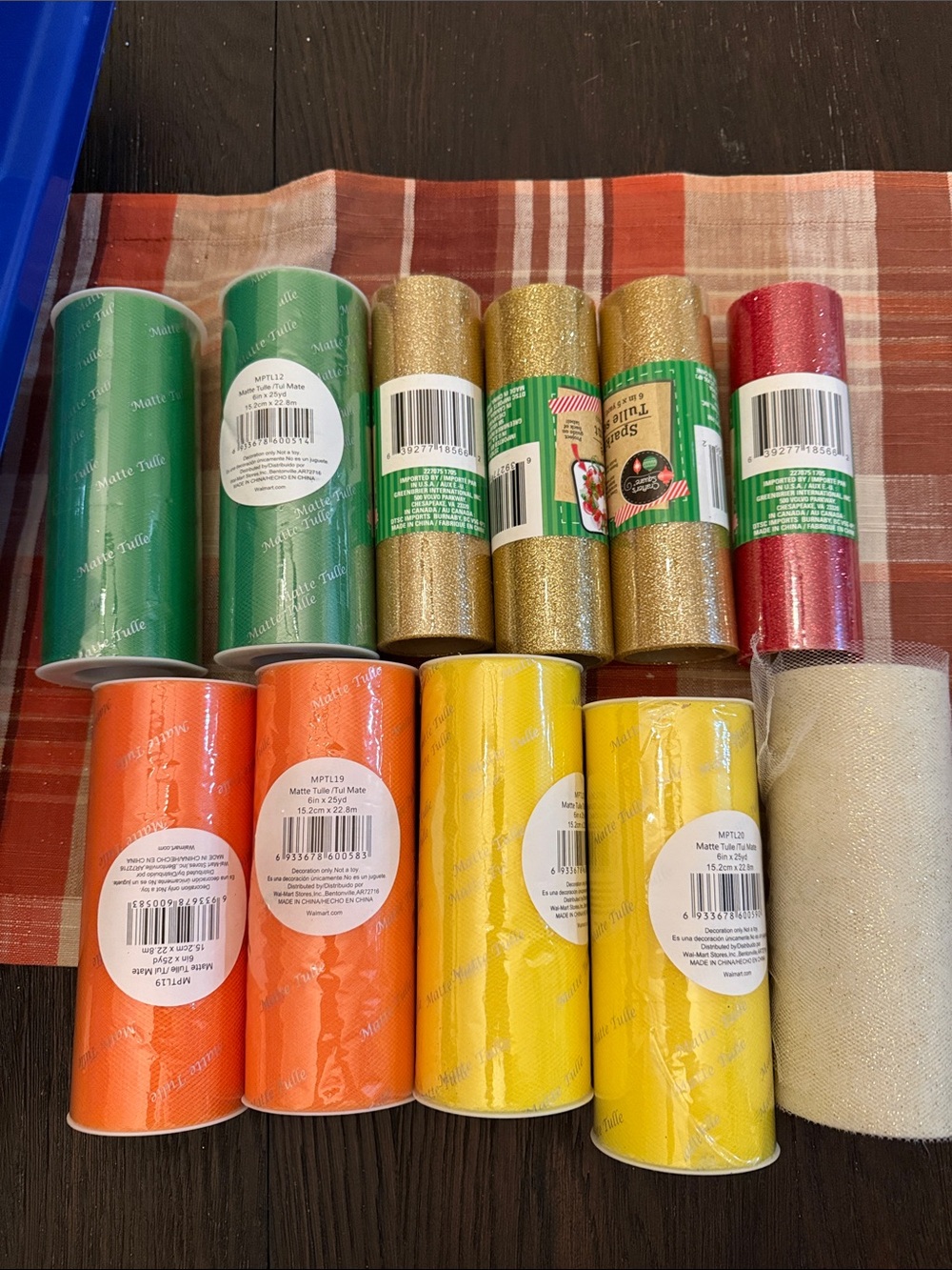 Assorted Party Tulle and Glitter Rolls - Green, Gold, Red, Orange, Yellow, Cream